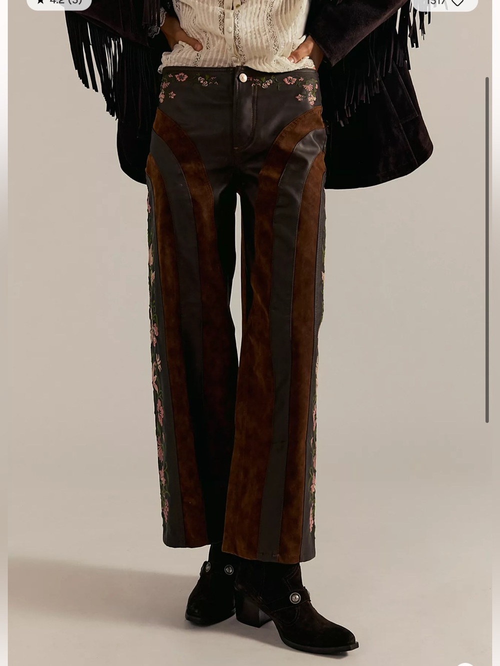 We The Free People Belle Embroidered Vegan Suede Cowboy Straight leg Pants 14